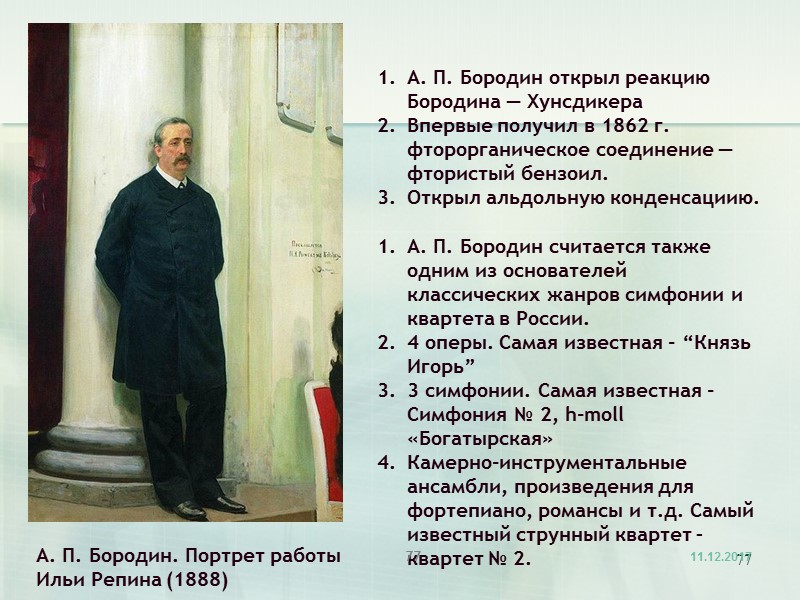 77 А. П. Бородин открыл реакцию Бородина — Хунсдикера Впервые получил в 1862 г.